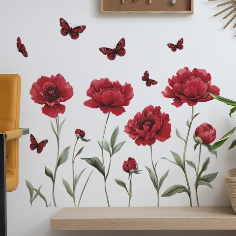 Aquarell Pfingstrose Blume Schmetterling Wandsticker PVC Selbstklebend Wandtattoo Für Wohnzimmer Schlafzimmer Eingang Deko