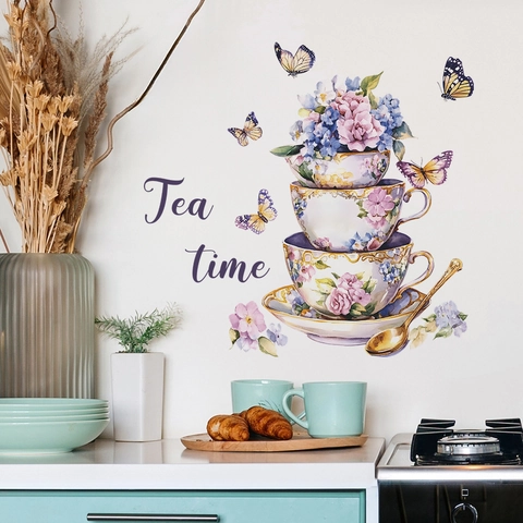 Watercolor Floral Tea Cups Butterflies Wall Sticker For Kitchen Dining Room Decor PVC Self Adhesive Aesthetic Mural Decal