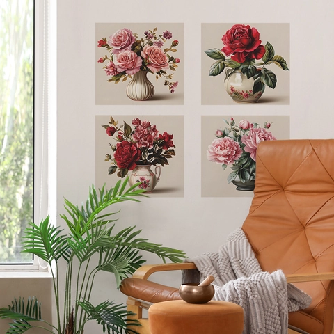 Vintage Floral Wandtattoo PVC Abnehmbare Aufkleber Retro Rose Pfingstrose Blume In Vasen Haus Hintergrund Ästhetische Kunst Deko