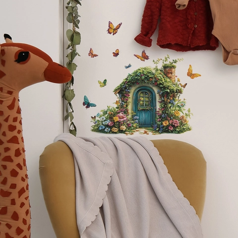Märchenhaft Blumenhaus Schmetterling Wandtattoo PVC Dekorativ Selbstklebend Abnehmbar Aufkleber Für Wohnzimmer Haus Deko