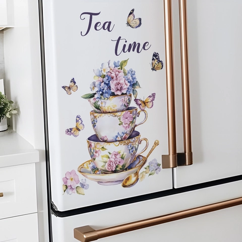 Watercolor Floral Tea Cups Butterflies Wall Sticker For Kitchen Dining Room Decor PVC Self Adhesive Aesthetic Mural Decal