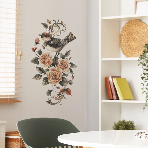 Vintage Floral Bird Wall Sticker PVC Self-Adhesive Removable Decal For Bedroom Living Room Entrance Home Beautification Decoration