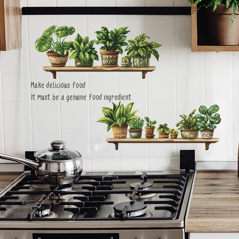 Grüne Pflanzen Topf Holzregal PVC Wandaufkleber Für Küche Esszimmer Abnehmbare DIY Botanische Wandtattoo Home Decor