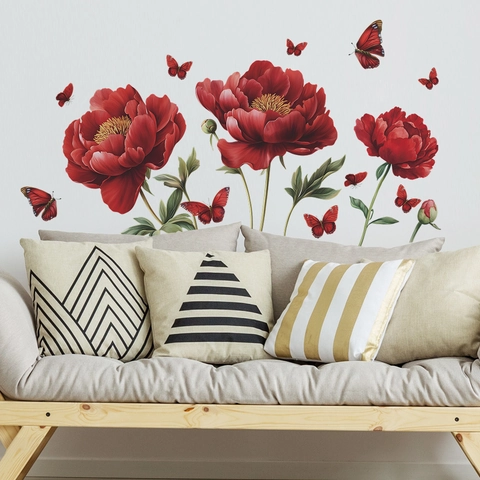Adesivo da Parete con Fiori di Peonia e Farfalle Autoadesivo Floreale per Soggiorno Camera da Letto Ingresso Sfondo Casa