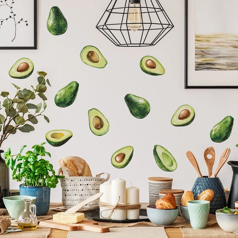 Fresh Watercolor Avocado Wall Stickers Waterproof PVC Fruit Pattern Decals For Kitchen Dining Room Home Background Decoration