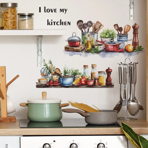 Watercolor Kitchen Utensils Wall Sticker PVC Decal I Love My Kitchen Removable DIY Art Poster For Dining Room Home Decoration