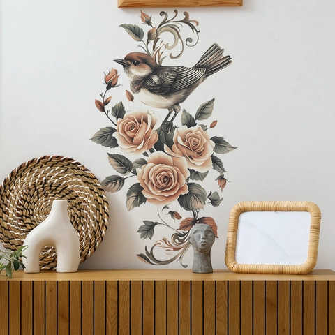 Vintage Floral Bird Wall Sticker PVC Self-Adhesive Removable Decal For Bedroom Living Room Entrance Home Beautification Decoration