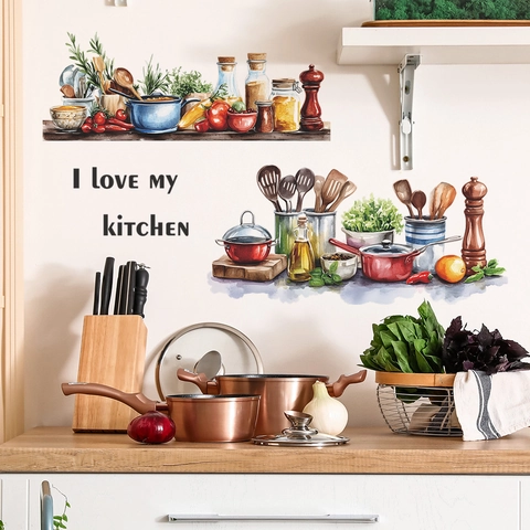 Watercolor Kitchen Utensils Wall Sticker PVC Decal I Love My Kitchen Removable DIY Art Poster For Dining Room Home Decoration