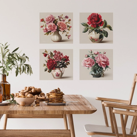 Vintage Floral Wandtattoo PVC Abnehmbare Aufkleber Retro Rose Pfingstrose Blume In Vasen Haus Hintergrund Ästhetische Kunst Deko