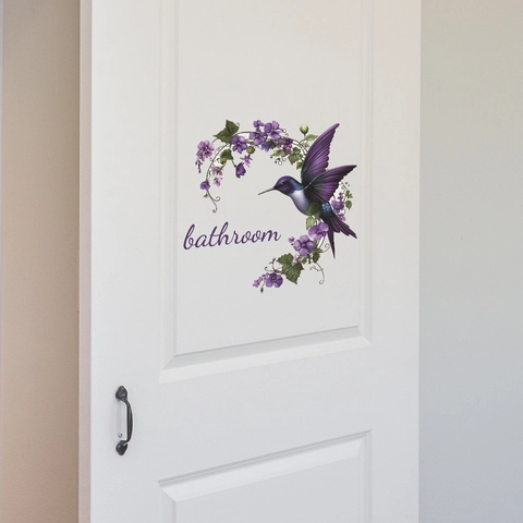 Adesivo da Parete per Bagno con Colibrì Viola e Fiori Decalcomania in PVC Rimovibile per Porta Decorazione Murale Impermeabile