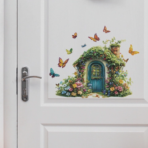 Märchenhaft Blumenhaus Schmetterling Wandtattoo PVC Dekorativ Selbstklebend Abnehmbar Aufkleber Für Wohnzimmer Haus Deko
