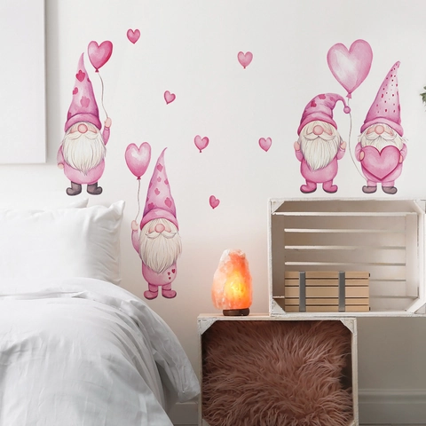 Valentine's Day Pink Gnome Wall Sticker Cartoon Watercolor Heart Balloon PVC Removable Decal For Home Living Room Decor