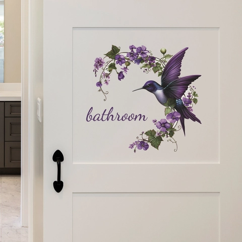 Adesivo da Parete per Bagno con Colibrì Viola e Fiori Decalcomania in PVC Rimovibile per Porta Decorazione Murale Impermeabile