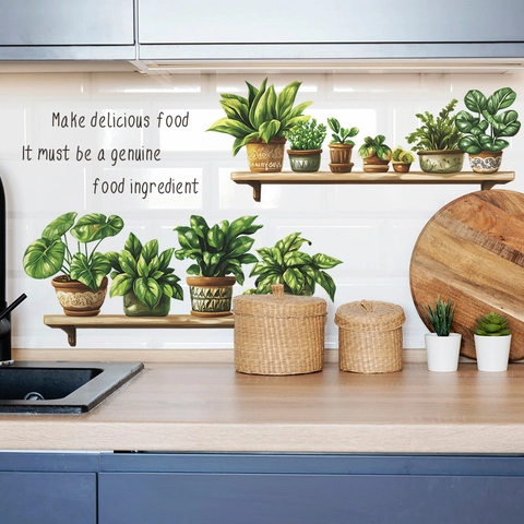 Grüne Pflanzen Topf Holzregal PVC Wandaufkleber Für Küche Esszimmer Abnehmbare DIY Botanische Wandtattoo Home Decor