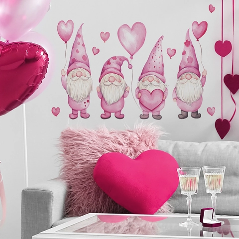 Valentine's Day Pink Gnome Wall Sticker Cartoon Watercolor Heart Balloon PVC Removable Decal For Home Living Room Decor