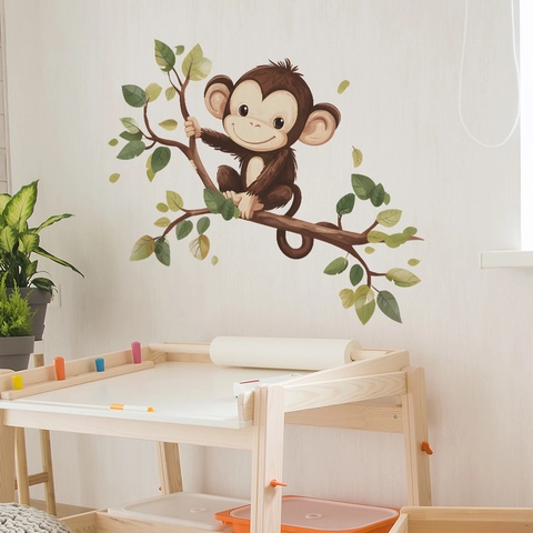 Cartoon Cute Monkey Climbing Tree Wall Sticker Removable PVC Decal For Kids Room Nursery Home Background Decoration