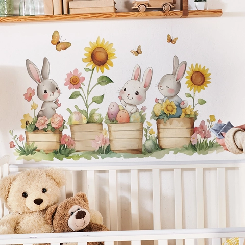 Simpatici Adesivi Murali a Forma di Coniglio Girasole Farfalla Acquerello Coniglietto Floreale PVC per Camera dei Bambini