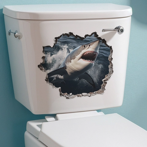Pegatina de Pared 3D Creativa Tiburón Realista Pared Rota Impermeable PVC Calcomanía para Tapa de Inodoro Decoración de Hogar