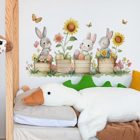 Simpatici Adesivi Murali a Forma di Coniglio Girasole Farfalla Acquerello Coniglietto Floreale PVC per Camera dei Bambini