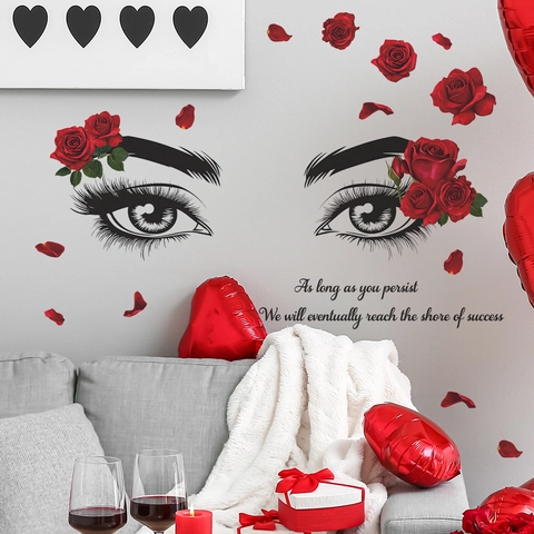 Adesivi da Parete Romantici Con Rosa Rossa Occhi e Ciglia per Camera da Letto Soggiorno Artistico PVC Removibile Decorazione