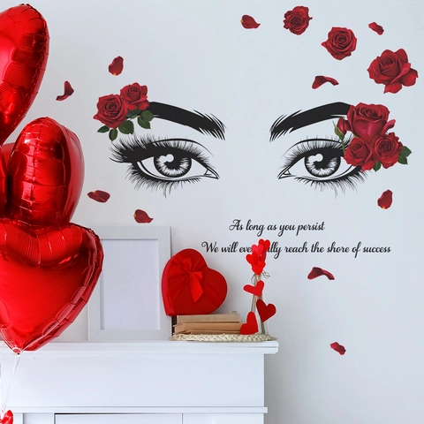 Adesivi da Parete Romantici Con Rosa Rossa Occhi e Ciglia per Camera da Letto Soggiorno Artistico PVC Removibile Decorazione