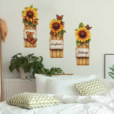 Sunflower Butterfly Wood Plank Pattern Wall Stickers Self Adhesive PVC Decorative Decal For Bedroom Living Room Home Decor