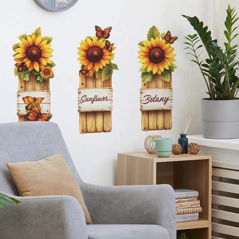 Sunflower Butterfly Wood Plank Pattern Wall Stickers Self Adhesive PVC Decorative Decal For Bedroom Living Room Home Decor