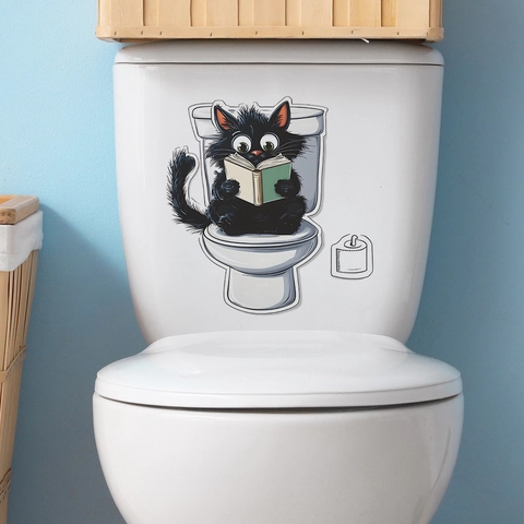 Creative Cartoon Black Cat Reading On Toilet Sticker Waterproof PVC Bathroom Toilet Seat Lid Wall Decal Home Decor