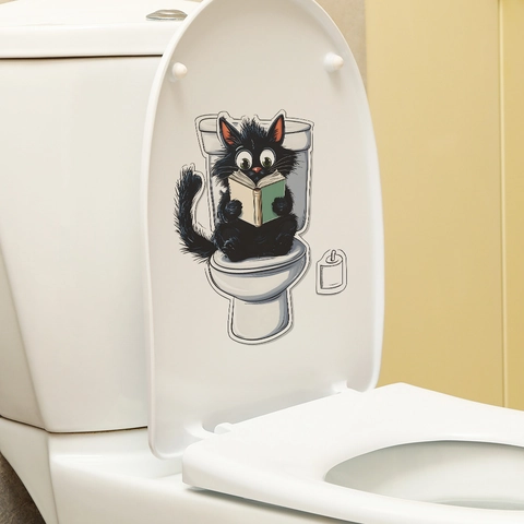 Creative Cartoon Black Cat Reading On Toilet Sticker Waterproof PVC Bathroom Toilet Seat Lid Wall Decal Home Decor