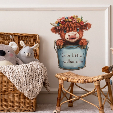 Cartoon Hochlandrind Mit Blumenkranz In Blauem Eimer Wandtattoo Für Kinderzimmer Schlafzimmer Wohnzimmer Dekoration Wandaufkleber