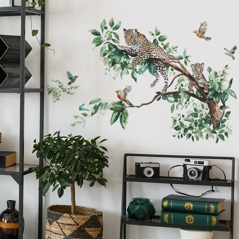 Watercolor Leopard Bird Tree Branch Wall Sticker PVC Self Adhesive Tropical Jungle Animal Decal For Living Room Bedroom Home Decor