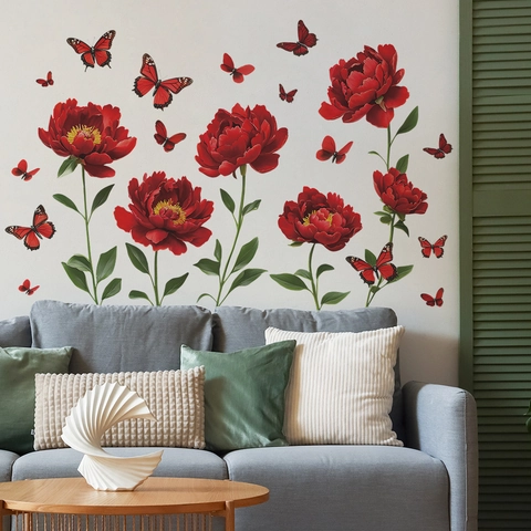 Red Peony Flower Butterfly Wall Stickers PVC Self Adhesive Decorative Mural For Living Room Bedroom Entrance Decoration