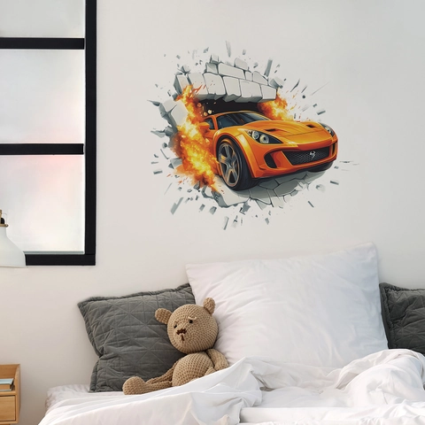 3D Broken Wall Racing Car Wall Sticker Orange Sports Car Fire Effect PVC Decal For Boys Bedroom Kids Room Decor