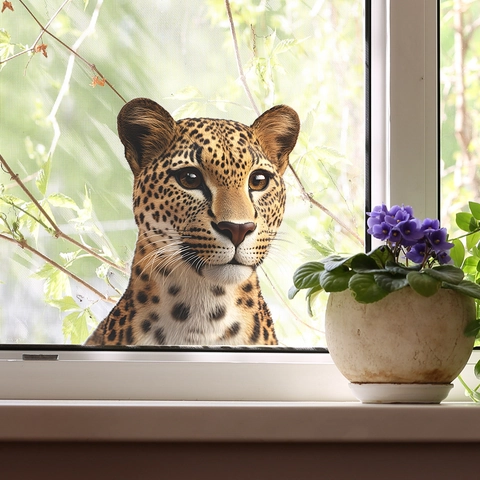 Adesivo per Finestra Testa di Leopardo Realistico 3D PVC Impermeabile Vetrofania Anti-Collisione Decorazione Casa Balcone