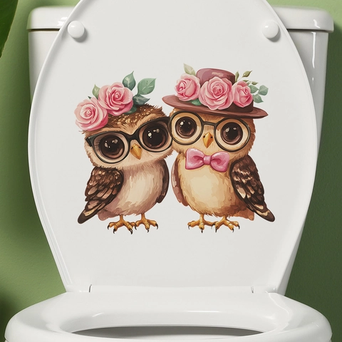 Couple Owls Toilet Seat Sticker PVC Waterproof Wall Decal For Valentine's Day Bathroom Decoration Cartoon Animal Mural Art