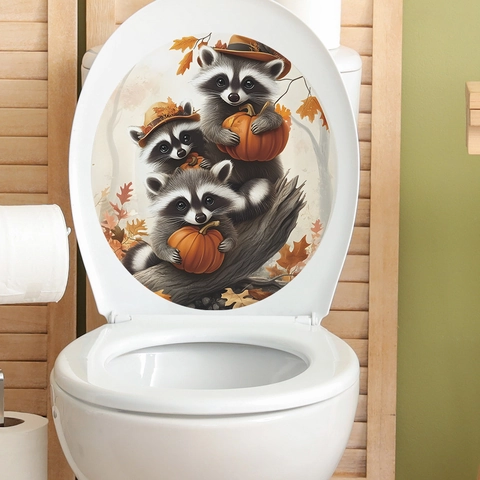 Cartoon Raccoon Pumpkin Maple Leaf Toilet Lid Sticker Waterproof Autumn Halloween Bathroom Decor Wall Decal For Home