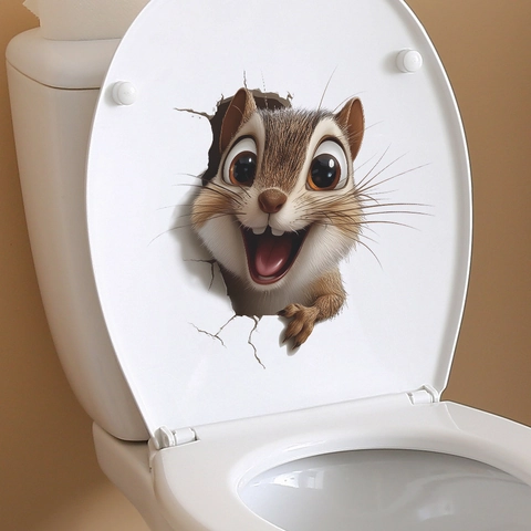 3D Cartoon Squirrel Toilet Sticker Vivid Animal Broken Wall Peeking Decal Removable PVC Wall Sticker For Bathroom Home Decor