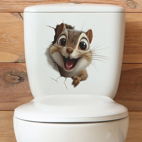 3D Cartoon Squirrel Toilet Sticker Vivid Animal Broken Wall Peeking Decal Removable PVC Wall Sticker For Bathroom Home Decor