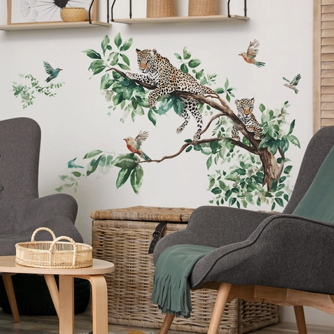 Watercolor Leopard Bird Tree Branch Wall Sticker PVC Self Adhesive Tropical Jungle Animal Decal For Living Room Bedroom Home Decor
