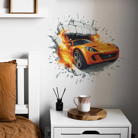 3D Broken Wall Racing Car Wall Sticker Orange Sports Car Fire Effect PVC Decal For Boys Bedroom Kids Room Decor