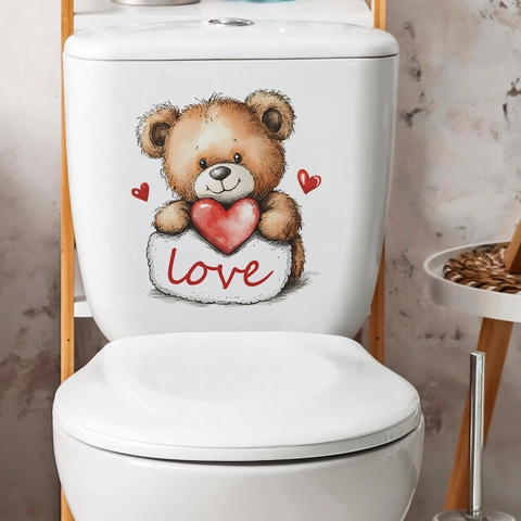 Valentijnsdag Schattige Teddybeer Met Hart Toilet Sticker PVC Waterdicht Verwijderbare Badkamer Decoratie