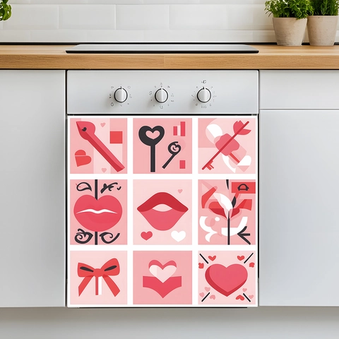 Valentine's Day Romantic Heart Red Lips Bow Tie Nine Grid Decorative Wall Stickers PVC Waterproof Kitchen Cabinet Fridge Decals
