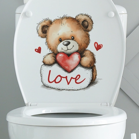 Valentijnsdag Schattige Teddybeer Met Hart Toilet Sticker PVC Waterdicht Verwijderbare Badkamer Decoratie