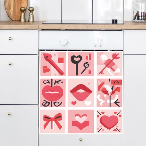 Valentine's Day Romantic Heart Red Lips Bow Tie Nine Grid Decorative Wall Stickers PVC Waterproof Kitchen Cabinet Fridge Decals