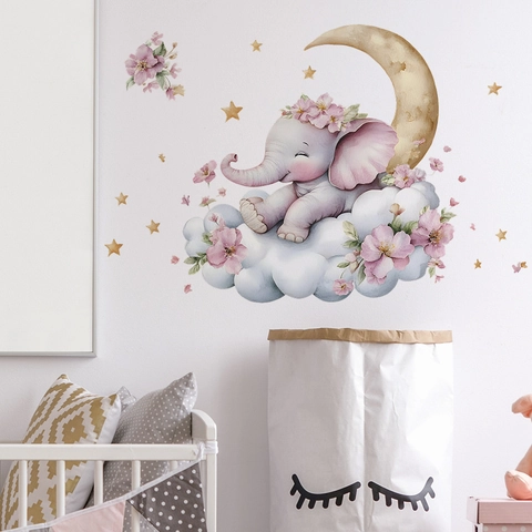 Cartoon Elephant Moon Cloud Wall Stickers For Kids Nursery Bedroom PVC Watercolor Animal Floral Waterproof Decorative Mural