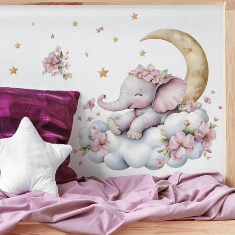 Cartoon Elephant Moon Cloud Wall Stickers For Kids Nursery Bedroom PVC Watercolor Animal Floral Waterproof Decorative Mural