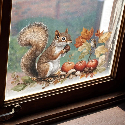 Herbst Eichhörnchen Pilz Ahornblatt Fensteraufkleber Statische Haftung Glasdekore Für Haus Küche Herbst Hintergrund Dekoration
