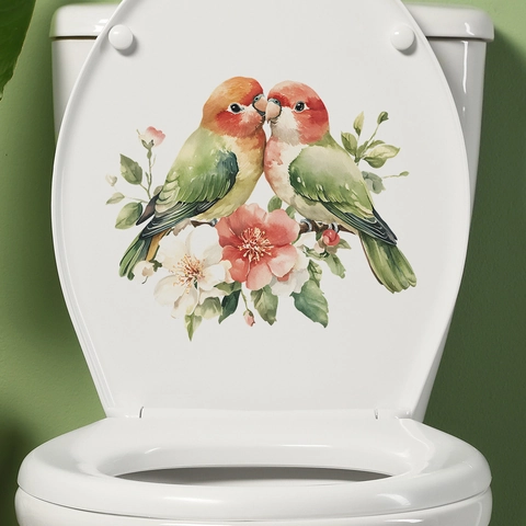 Adesivo per Gabinetto con Uccelli e Fiori in Acquerello PVC Rimovibile Decalcomania da Muro per Bagno Decorazione Casa Estetica