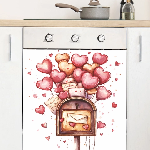 Watercolor Heart Balloon Mailbox Wall Sticker For Kitchen Dining Room Valentine Day Home Decor PVC Appliance Decal