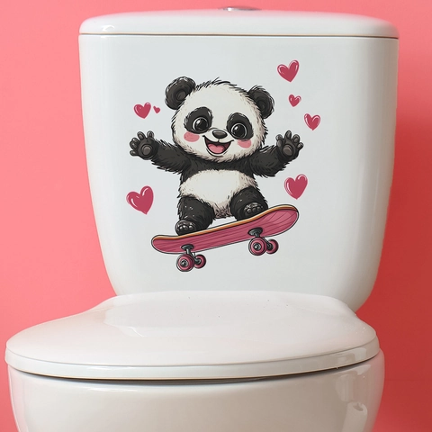 Cartoon Panda Skateboard Heart Toilet Sticker Waterproof PVC Bathroom Decal Home Beautification Decor Valentine's Day
